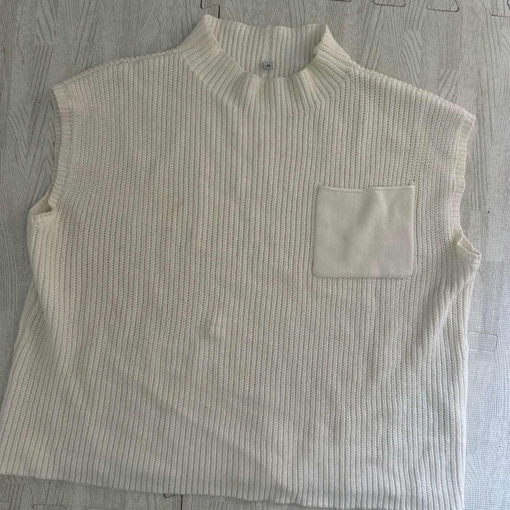 Cream Knit Sleeveless Mock Neck Top